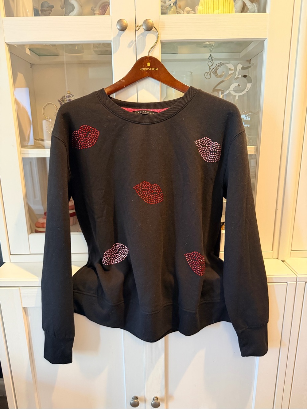 Jane and Delancey Black Sweatshirt with Red Lip Rhinestones